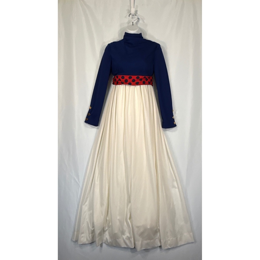 Lillie Rubin Vintage 60s 70s Hostess Maxi Dress Blue White Red Empire Waist XS